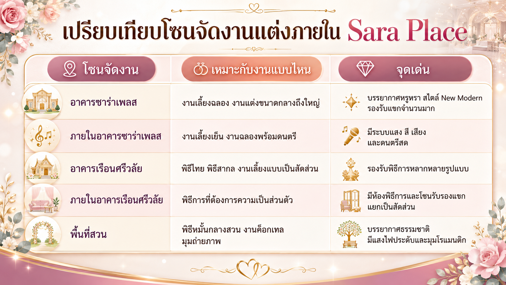 ตารางเปรียบเทียบสถานที่จัดงานแต่งในฝัน 